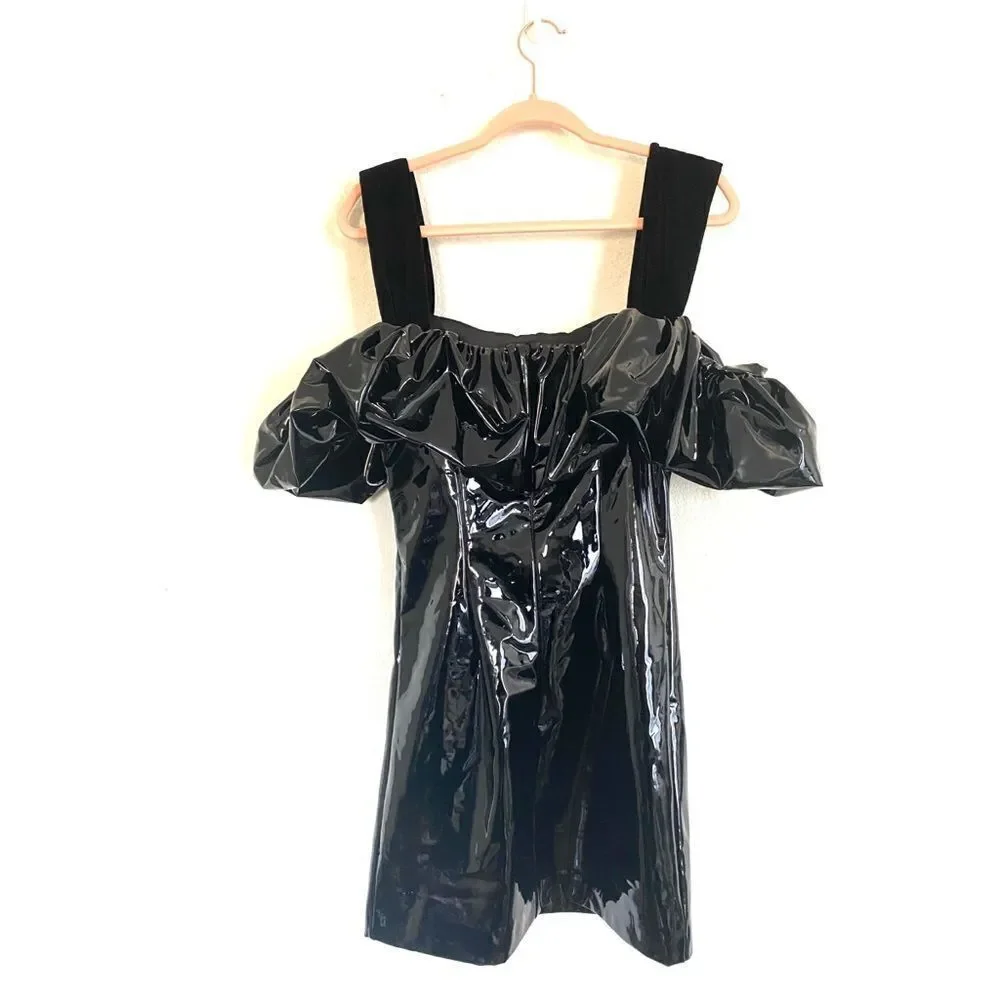 Sandra Mansour Faux Patent Leather Ruffled Dress IT38